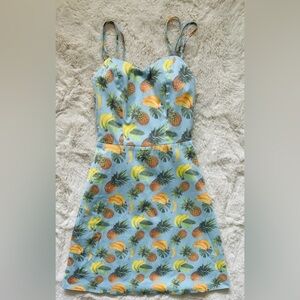 Pretty Attitude Blue Pineapples Bananas Lined Tropical Midi Dress Size: Small